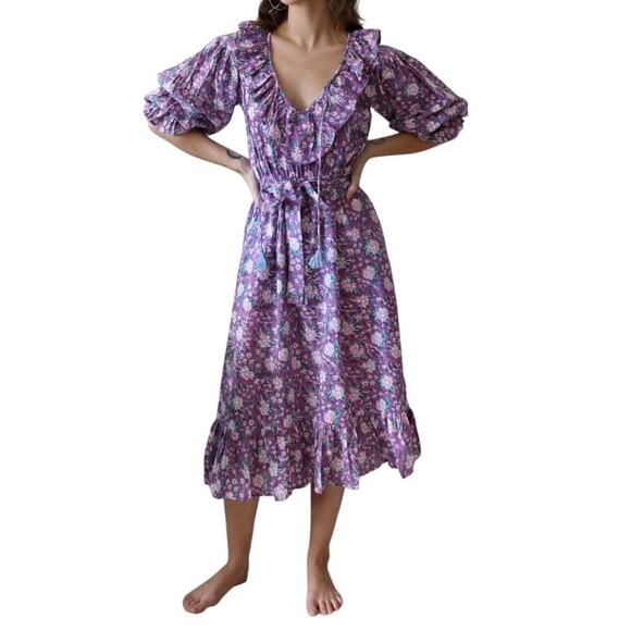 MILLE June Midi Dress Purple Rose Floral Ruffle Cotton Puff Sleeve Peasant - Picture 1 of 14